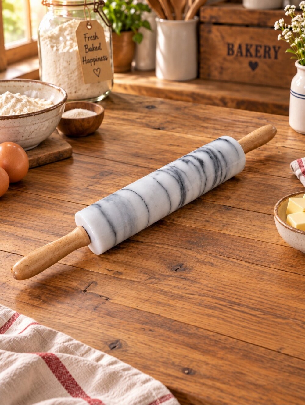 Marble Rolling Pin with Wood Handles - White Marble
